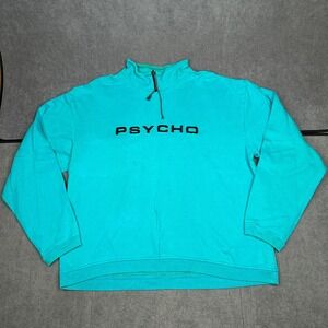 Vintage Psycho Quarter Zip Sweatshirt Teal Turquoise Embroidered Logo XL